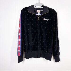 NEW Champion Black Burnout Logo Velour Long Sleeve Reverse Weave Track Jacket M